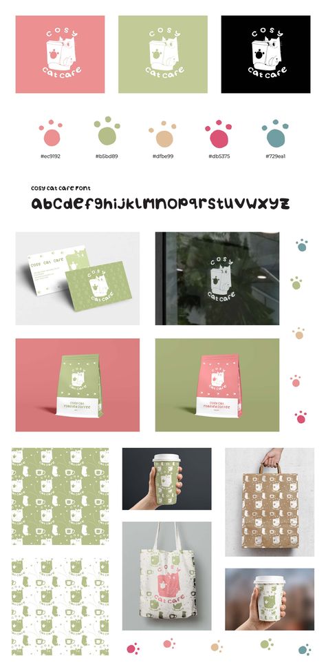 Cosy Cat Cafe branding design by A2 student Alanna L Dog Cafe Logo Design, Pet Cafe Logo, Cat Cafe Branding, Cat Cafe Design, Cat Cafe Logo, Cat Moodboard, Cafe Website Design, Caffe Design, Visual Identity Design Branding