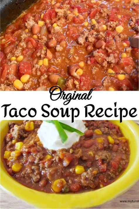 A 7 can Taco Soup Recipe that can be made in the slow cooker or on the stovetop. It’s an easy one-pot beef taco soup recipe with ranch dressing and rotel that is totally comforting. Taco Soup In Crockpot Ground Beef, Taco Soup With Ranch Style Beans, Taco Soup For A Crowd, 7 Can Taco Soup Recipe Easy, Taco Soup Ranch Dressing, Taco Soup Recipe On Stove, Taco Soup Recipe With Ranch Packet, Taco Soup With Ranch Packet, Hamburger Taco Soup