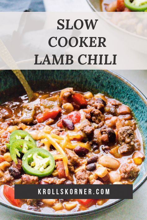 SLOW COOKER Lamb Chili is our new favorite soup for chilly days! It's hearty, not too spicy, and a great way to use ground lamb! #lamb #chili #slowcooker #crockpot #crockpotchili #slowcookerchili #easydinner #soup #comfortfood #krollskorner Ground Lamb Crockpot Recipes, Ground Lamb Soup, Lamb Chili Recipe Crock Pot, Ground Lamb Chili Recipe, Ground Lamb Chili, Lamb Stew Recipes Crockpot, Lamb Stew Meat Recipes Crock Pot, Lamb Casserole Recipes Slow Cooker, Lamb Chili Recipe