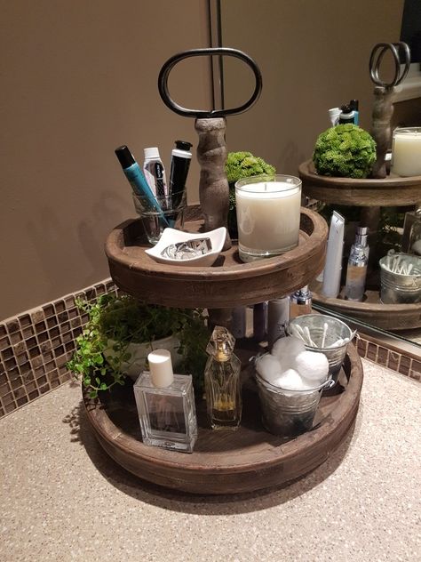 2 tiered farmhouse tray organization in master bathroom Bathroom Counter Storage, Bathroom Tiered Tray, Vanity Tray Decor, Bathroom Counter Decor Ideas, Clever Bathroom Storage, Bathroom Counter Organization, Bathroom Storage Hacks, Bathroom Counter Decor, Restroom Decor