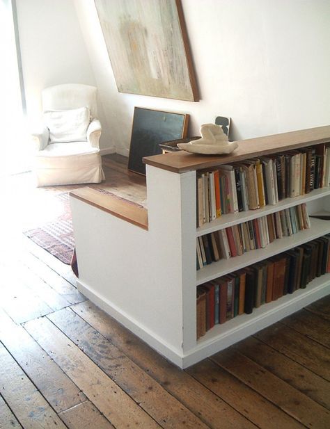 short bookshelf as room divider with a built-in trunk-style storage bench. Short Bookshelf, Bookshelf Bench, Bookshelf Room, Closet Ikea, Fabric Room Dividers, Bamboo Room Divider, Kitchen Ikea, Living Room Divider, Room Divider Ideas