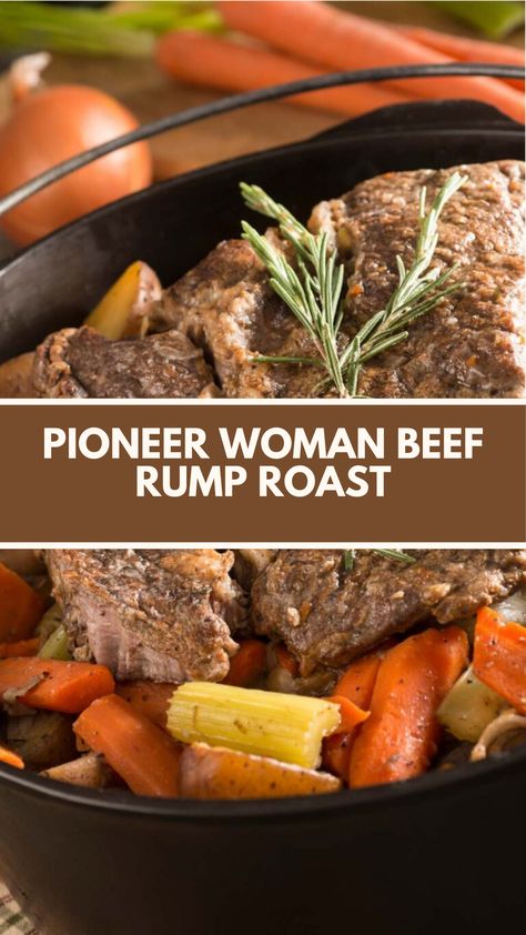 Pioneer Woman Beef Rump Roast recipe features fresh rosemary, garlic, olive oil, sea salt, cracked pepper, baby potatoes, carrots, onion, beef stock, brown sugar, and optional flour. It takes 4 hours and serves 6. Beef Round Rump Roast Recipes, Beef Rump Roast Recipes, Rump Roast Crock Pot Recipes, Rump Roast Recipe, Crockpot Rump Roast, Roast Beef And Potatoes, Beef Rump Roast, Au Jus Recipe, Rump Roast