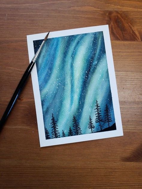 Watercolour Northern Lights, Northern Lights Drawing, Northern Lights Painting Watercolors, Northern Lights Watercolor Painting, Paint Northern Lights, Watercolor Northern Lights, Galaxy Watercolor Painting, Northern Lights Watercolor, Galaxy Watercolor