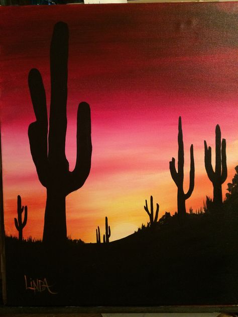 Desert Sunset, colors: yellow,  little bit of orange, various pinks, and then into reds. inspiration for dot art rocks Desert Sunset Painting, Art Mini Toile, Sunset Desert, Sunset Yellow, Silhouette Canvas, Acrylic Landscape, Orange Sunset, Watercolor Sunset, Cute Canvas Paintings