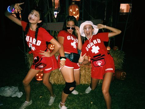 Bff Halloween life guards red C1 Halloween Costumes Teenage Girl, Costumes For Teenage Girl, Cute Group Halloween Costumes, Friend Costumes, Life Guard, Bff Halloween Costumes, Best Friend Halloween Costumes, Trio Halloween Costumes