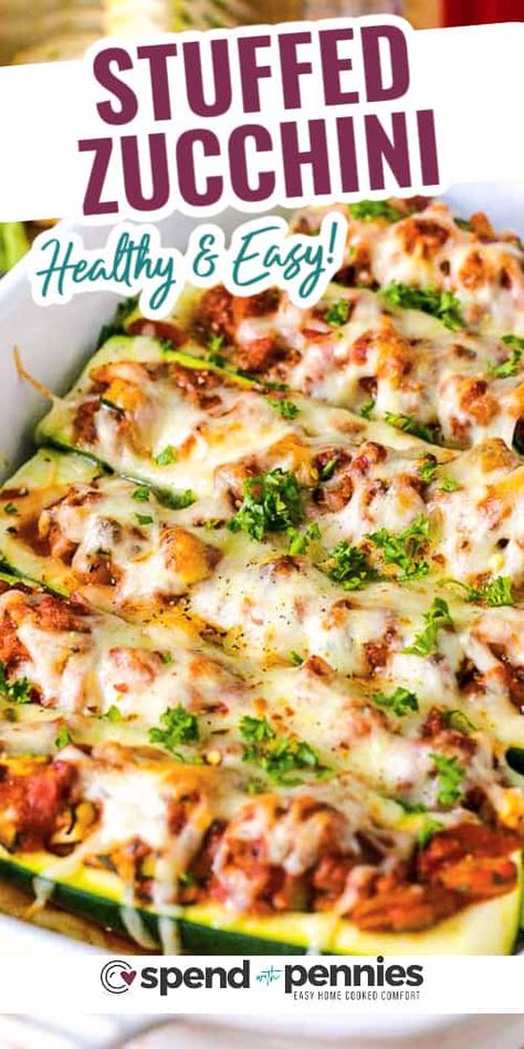 Stuffed Zucchini Boats are the perfect way to enjoy your fresh summer zucchini! Tender zucchini filled with a silky meat sauce, topped with cheese and baked until tender. #stuffedzucchini #zucchini #spendwithpennies #healthyrecipes #lowcarbrecipes #easydinners #stuffedrecipes Easy Zucchini Boat Recipes, Healthy Zucchini Boats, Ground Beef Zucchini Boats, Zucchini Boats Beef, Stuffed Zucchini Boats Vegetarian, Zucchini Boats Vegetarian, Best Zucchini Recipes, Zucchini Boat Recipes, Stuffed Zucchini Boats