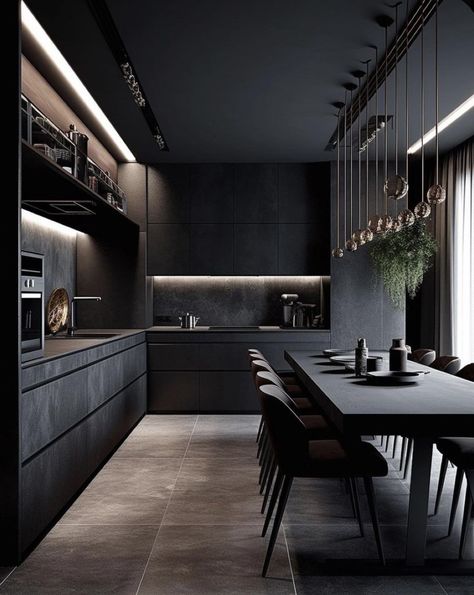 Black And Grey Kitchen, Black Kitchen Design, Modern Black Kitchen, Black Interior Design, Sleek Kitchen, Dark Kitchen, Dark Theme, Luxury Kitchen Design, Industrial Kitchen