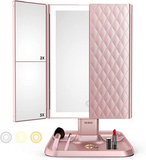 Makeup Mirror Trifold Mirror with Lights - 3 Color Lighting Modes 72 LED Vanity Mirror, 1x/2x/3x Magnification, Touch Control Design, Portable High Definition Cosmetic Lighted Up Mirror Three Way Mirror, Led Vanity Mirror, Color Lighting, Trifold Mirror, Mirror Makeup, Led Makeup Mirror, Flickering Lights, Mirror Shapes, Makeup Mirrors