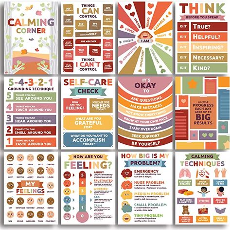 12 posters included - Each one is 12" wide x 16" long - Printed on 110lb cardstock paper for added durability. The posters contain easy to read fonts, clean layouts, and bold color. Create A Stress-Free Zone with the Calming Corner poster pack, Create A Safe Space To Discuss Feelings; Includes an emotions chart for kids, feeling chart for children, zones of regulation posters for classroom, how are you feeling , think before you speak. today poster, I am, and more! Love it, or your money back wi Emotions Chart For Kids, High School Music Classroom, Toddler Classroom Decorations, High School Classrooms, Growth Mindset Classroom, Thought Control, Preschool Decor, High School Music, Emotion Chart