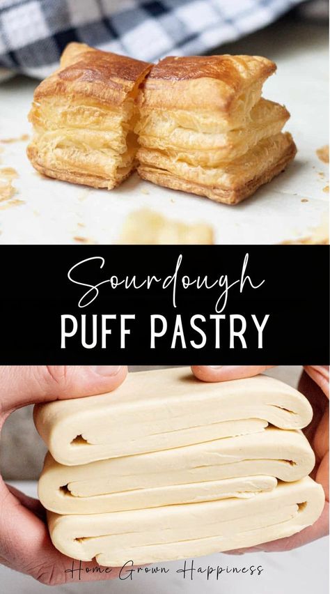 Homemade flaky sourdough puff pastry is delicious and decadent. Real butter rolled in the layers makes it so flavourful, light, and flaky. I love sourdough puff pastry. Not only does sourdough’s signature tang add flavour, but the fermenting of the dough makes it easier to digest and roll out. Sourdough may add on an extra day in time, but takes away some of the efforts of rolling that a traditional puff pastry requires. Recipe Using Sourdough Starter, Butter Puff Pastry, French Cookies, Sourdough Starter Discard Recipe, Homemade Sourdough, Sourdough Starter Recipe, Homemade Pastries, Sourdough Baking, Puff Pastry Recipes