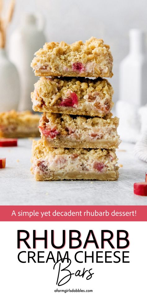 Rhubarb Cream Cheese Bars, Cheese Bars Recipe, Rhubarb Bars Recipes, Cream Cheese Bars Recipe, Rhubarb Oatmeal, Rhubarb Crumble Recipes, Recipes Using Cream Cheese, Best Rhubarb Recipes, Oat Crust