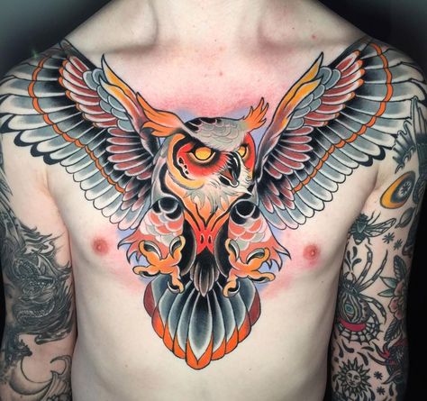 Neo Traditional Chest Tattoo, Mandala Chest Tattoo, Traditional Owl, Chest Tattoo Female Upper, Owl Tattoo Chest, Traditional Chest Tattoo, Owl Tattoo Meaning, Realistic Owl Tattoo, Tattoo Owl