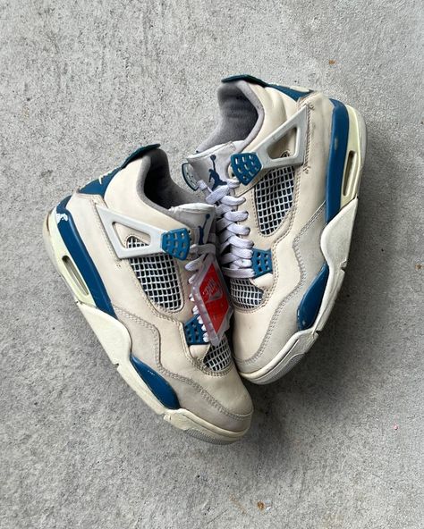 Curated Van on Instagram: “1989 Air Jordan 4 Military Blue. Size US 7.5. Was previously swapped - but must’ve been years ago. I’d say these need another. Midsole…” Jordan 4 Military Blue, Blue Outfit Men, Nike Stuff, Trainers Outfit, Blue Jordans, Jordan 4s, Air Jordan 4, Blue Fits, Swag Shoes