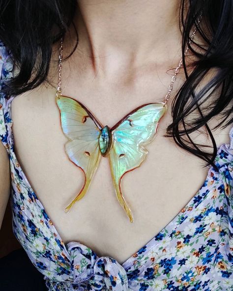 Iridescent Jewelry, Iridescent Wings, Moth Necklace, Boho Pendant Necklace, Wing Jewelry, Organza Pouch, Electroformed Jewelry, Luna Moth, Boho Pendant