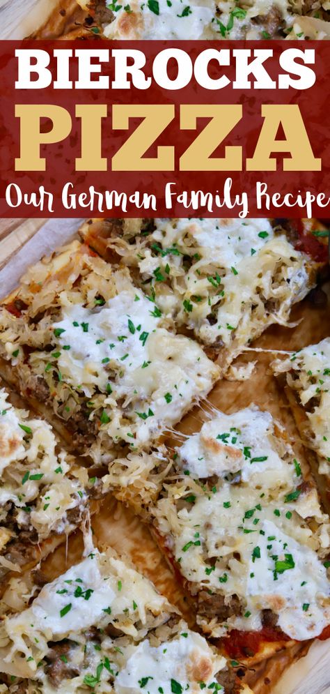 The Ultimate Bierocks Pizza (German Family Recipe) - Slice of Jess German Pizza Recipes, Oktoberfest Pizza, Sauerkraut Pizza, German Cuisine Recipes, German Pizza, Bierocks Recipe, Octoberfest Party, Homemade Dough Recipe, German Dishes