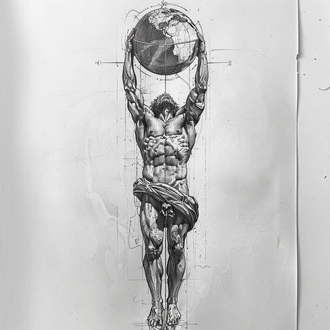 Hercules Back Tattoo, Cool Design Tattoos For Men, Hercules Holding Earth Tattoo, World On Shoulders Drawing, Universe Inspired Tattoos, Blue Print Tattoo, Hercules Drawing Realistic, Men Body Tattoo Ideas, Historical Tattoos For Men