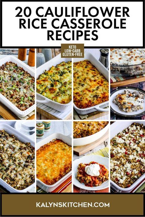 Pinterest image for 20 Cauliflower Rice Casserole Recipes with eight varieties shown, all in white baking dishes. What To Do With Cauliflower Rice, Rice Califlower Casseroles, Low Carb Cauliflower Rice Recipes, Cauliflower Rice Casserole Recipes, Recipes With Riced Cauliflower, Recipes With Cauliflower Rice, Califlower Casserole, Cauliflower Rice Bake, Riced Califlower Recipes