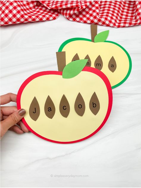 September Preschool Art Activities, Apple Seed Name Craft, Pear Craft Preschool, Preschool Apple Name Craft, Apples Art For Toddlers, September Cubby Tags, Apple Tree Name Craft, Apple Name Activity, Preschool Fruit Crafts