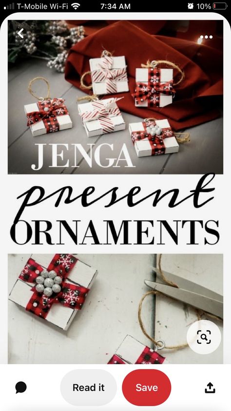 Easy Craft Kits To Sell, Christmas Ideas For Craft Shows, Square Ornaments Diy, Repurposed Jenga Blocks, Diy Dollar Tree Jenga Block Crafts, Ornaments For Friends Diy, Dollar Store Ornaments Diy, Dollar Store Christmas Ornaments Diy, Dollar Store Jenga Block Crafts Diy