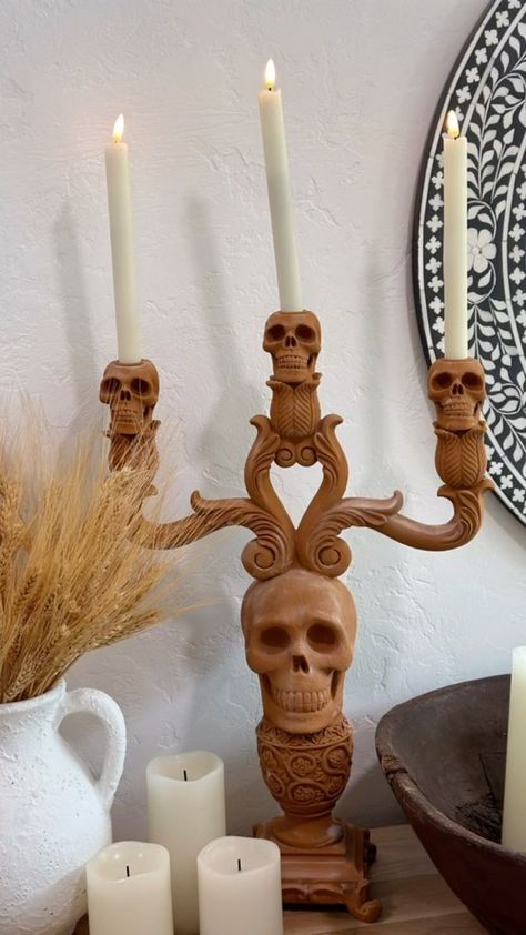 West Elm Skull, Halloween Candlestick Holders, Diy Skull Candle Holder, Halloween Candlesticks, Spooky Candle Holder, Gothic Decor, West Elm, The Duff, Diy Halloween Decorations