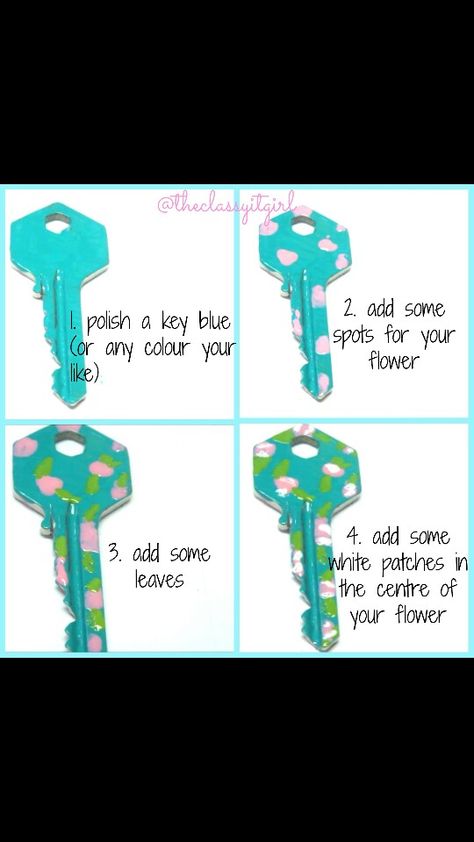 Loooove Key Painting Ideas, Old Keys Crafts Diy, Painting With Nail Polish, Nail Polish Keys, Painted Keys, Keys Crafts, Key Painting, Summer Diy Ideas, Girly Diy