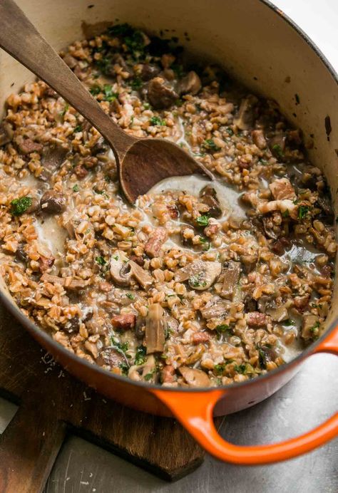 Mushroom Bacon Farro Risotto Braiser Recipes, Mushroom Farro, Farro Risotto, Farro Recipes, Mushroom Bacon, David Lebovitz, Bacon Stuffed Mushrooms, Grain Recipes, Winter Dishes