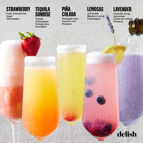 Bridal Brunch Drink Ideas, Prosecco Mimosa Recipe, Brunch Mimosa Recipe, Mimosa Bar Flavors, Mimosa Recipe Ideas, Birthday Drink Recipes Alcoholic, Sweet Mimosa Recipe, Mimosa Flights At Home, Cute Brunch Drinks