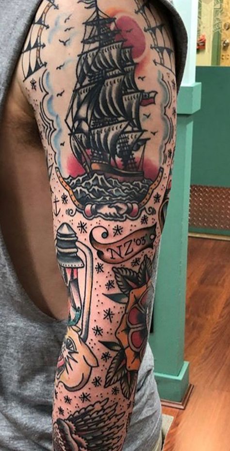 Vintage ship tattoos Traditional Americana Tattoo, American Traditional Navy Tattoo, Ship Tattoo Women, American Traditional Ship Tattoo, American Traditional Tattoo Ship, American Traditional Nautical Tattoo, Pirate Ship Tattoo Traditional, American Traditional Pirate Ship, Traditional Clipper Ship Tattoo