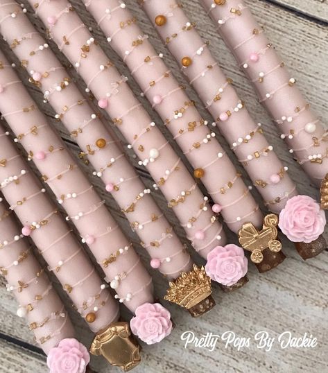 Princess Pretzel Rods, Princess Baby Shower Cake, Dipped Treats, How To Make Pink, Baby Shower Cake Pops, Disney Baby Shower, Baby Shower Desserts, Princess Baby, Princess Theme