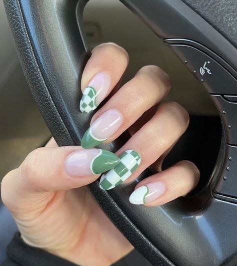 Nail Art Short Nails Simple, Boston Nails, French Tips Green, Acrylics Square, Purple Nails Glitter, Green Fall Nails, Indie Nails, Future Nails, Checkered Nails