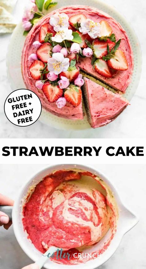 Learn how to make the best Gluten Free Strawberry Cake Recipe with homemade strawberry frosting! Made with simple ingredients and no artificial flavors, it turns out flavorful and moist with ease. Dairy-Free option, too! Gluten Free Strawberry Cake Recipe, Homemade Strawberry Frosting, Cake With Strawberry Frosting, Gluten Free Strawberry Cake, Heavenly Dessert Recipe, Cotter Crunch, Strawberry Gluten Free, Strawberry Cake Recipe, Dairy Free Frosting