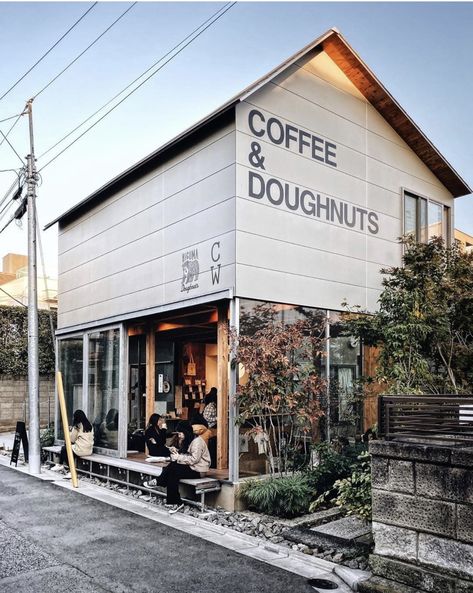 April Shopfront of The Month: #coffeeshop #doughnuts #coffeeshopsoftheworld  photo @heydavina #sharingaworldofshops #whiteshopfront #bestshops Japanese Coffee Shop, Cafe Exterior, Small Coffee Shop, Cute Coffee Shop, Small Cafe Design, Cozy Coffee Shop, Cafe Shop Design, Small Cafe, Coffee Shop Design