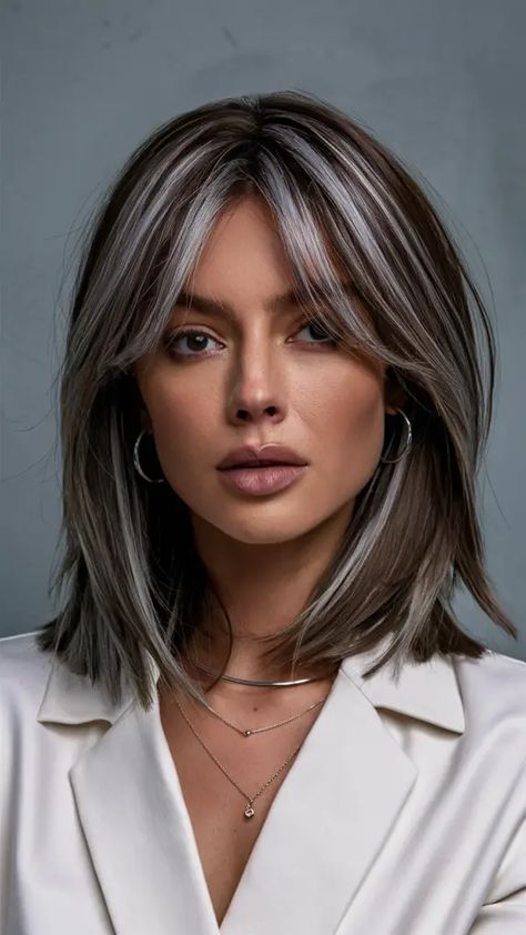 Blonde To Grey Transition Short Hair, Mushroom Brown Medium Length Hair, Short Ash Hair, Brown Hair With Beige Highlights, Brown To Grey Hair Transformation, Short Ashy Brown Hair, Brunette To Gray Hair Transition, Cool Toned Highlights Brunettes, Gray With Brown Undertones