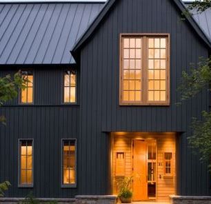 Exterior Siding - Iron Ore with black metal roof Black Home Exterior, Cozy Family Home, Black Metal Roof, Wood Siding Exterior, Shingle Siding, Cabin Exterior, Black Barn, Dark House, Metal Siding