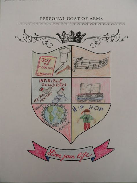 Hannah Vicky: My Personal Coat of Arms Coat Of Arms Design Ideas, Personal Coat Of Arms, Castles Topic, Arms Drawing, Family Shield, 6th Grade Social Studies, Art Therapy Projects, 6th Grade Art, Arm Art