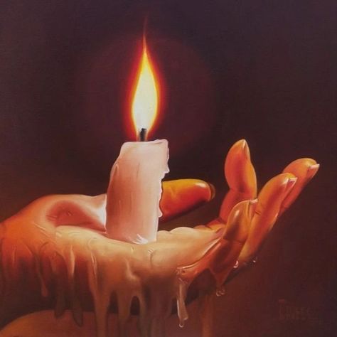 Glowing Hands Painting, Melting Candle Painting, Burning Candle Painting, Paintings Of Candles, Painting Of Candle, Melted Candles Aesthetic, Candlelight Painting, Blown Out Candle, Candle Flame Art