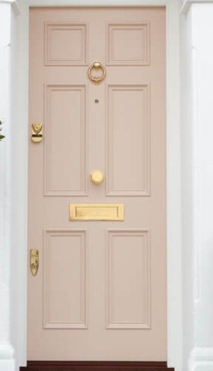 Pale Pink Door, Green House Pink Door, Pastel Front Door, Light Pink Front Door, Pink Door Exterior, Peach Front Door, Colored Interior Doors, Interior Doors Ideas, White Weatherboard House