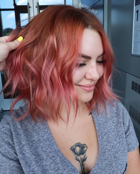 Ginger And Pink Balayage, Copper To Pink Hair, Pink Copper Hair, Copper Pink Hair, Copper And Pink Hair, Color Melting Hair, Celeb Hair, Hair Doo, Pink Ginger