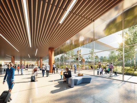 Luis Vidal and Gensler design new terminal for Pittsburgh International Airport - Archpaper.com Airport Ideas, Airport Interior, Terminal Design, Terminal Bus, Transport Hub, Cruise Terminal, Timber Slats, Timber Ceiling, Airport Design