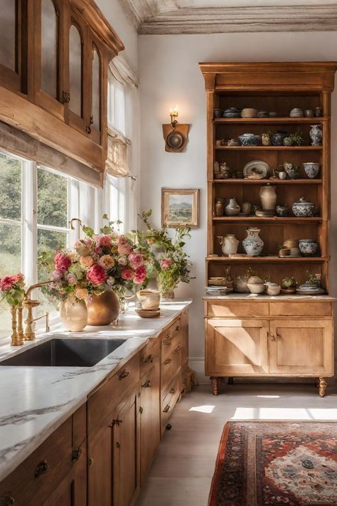 Country Cabinets Kitchen, Cottage Kitchen With Wood Cabinets, European Cottage Kitchen, Wood Cabinet Kitchen, Old World Kitchen, Traditional Kitchen Decor, French Kitchen Design, French Cottage Kitchen, French Style Kitchen