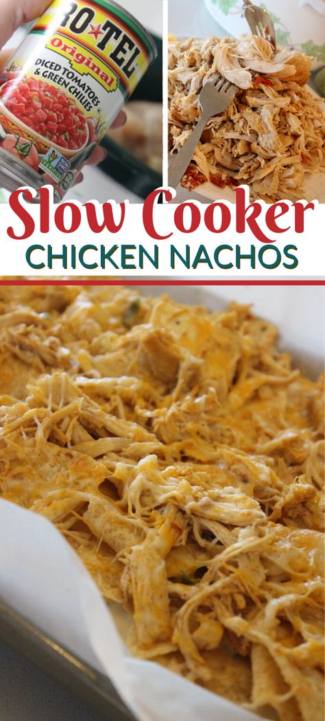 Chicken Nachos Crockpot, Easy Chicken Nachos Recipe, Crockpot Chicken Nachos, Easy Chicken Nachos, Nachos Recipe Beef, Rotel Recipes, Chicken Oven, Shredded Chicken Crockpot, Chicken Nachos Recipe