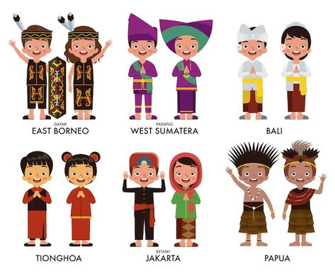 Traditional Culture Indonesia Vectors, Photos and PSD files | Free Download Bhinneka Tunggal Ika Illustration, Suku Bangsa, People Cartoon, Independent Day, West Sumatra, Clothes Illustration, Boy Cartoon, Indonesian Art, Traditional Culture