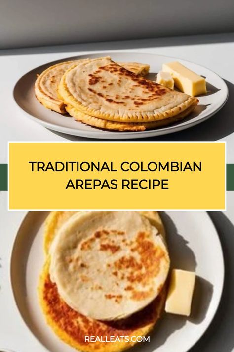 Traditional Colombian arepas served on a plate with slices of butter. Traditional Spanish Paella Recipe, Colombian Arepas, Spanish Paella Recipe, Arepas Recipe, Colombian Cuisine, Paella Recipe, Measuring Ingredients, Meal Of The Day, Hearty Meals