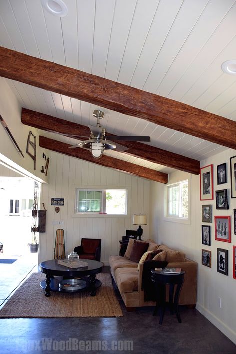 Vaulted Ceilings with Exposed Beams | Faux Wood Workshop Fake Wood Beams, Vaulted Ceiling Beams, Exposed Beams Ceiling, Beams Living Room, Wood Plank Ceiling, Vaulted Ceiling Living Room, Plank Ceiling, Faux Beams, Rustic Ceiling