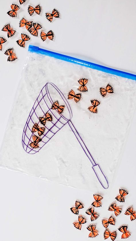 livethescottcottage on Instagram: 🦋Let’s Catch a Butterfly! 🦋Sensory Bag🦋 Here’s a great way to use pasta, turn them into butterflies ! Have your little ones count as they… Butterfly Crafts Preschool, Butterfly Life Cycle Activity, Caterpillar Activities, Butterflies Theme, Butterfly Lessons, Sensory Tables, Toddler Sensory Bins, Bug Activities, Insects Preschool