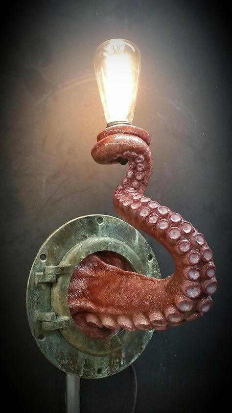 Beautiful Realistic Nautical Tentacle Porthole Wall Sconce  #baselamp #concept #edison #lightbulb #nautical #sconce #steampunk #wallmouted #vintage  - This unique nautical wall lamp is handmade and painted to order. Lifelike and life-sized, it will light up your room as well as spark Octopus Lamp, Nautical Bathroom, Nautical Wall Decor, Nautical Bathrooms, Octopus Art, Nautical Wall, Reference Photos, Kraken, Nautical Decor