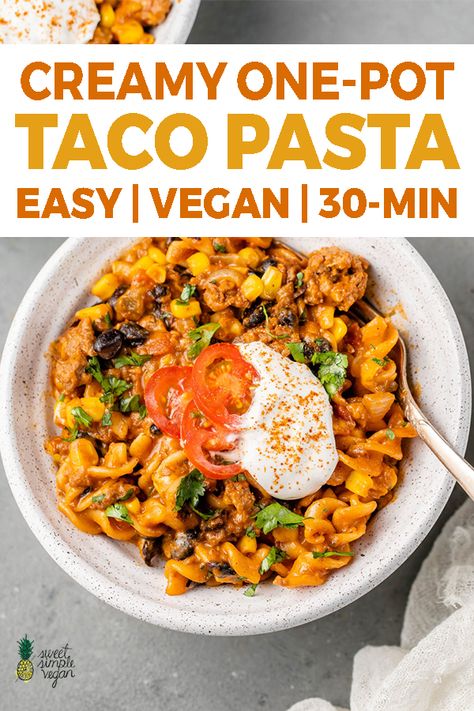 Vegan Taco Pasta, Creamy Taco Pasta, Penne Vodka, Vegan Taco, Pastas Recipes, Taco Pasta, Vegan Entree, Vegan Pasta Recipes, Vegan Sour Cream