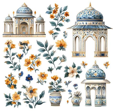 Watercolor illustration Mughal Garden elements collection | Premium AI-generated image Mughal Elements, Salim Ali, Mughal Garden, Kids Work, Mughal Art, Allover Design, Garden Elements, Idul Fitri, Ramadan Decorations