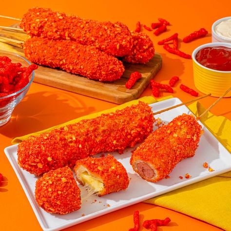 CHEETOS® Cheesy Crispy Chicken Korean Corn Dogs | FLVR Cheetos Chicken, Korean Chili Powder, Cheetos Crunchy, Dog Bread, Roasted Jalapeno, Hot Cheese, Nacho Cheese Sauce, Fried Corn, Nacho Cheese