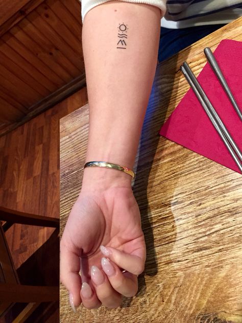 Sun Mountain Water Tattoo, Sun Mountain Wave Tattoo, Mountain Ocean Sun Tattoo, Ocean Mountain, Earthy Tattoos, Earth Tattoo, Bird Tattoo Wrist, Basic Tattoos, Crazy Tattoos